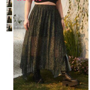 Hippie Plus Size Floral Print Split Thigh Skirt, Army Green